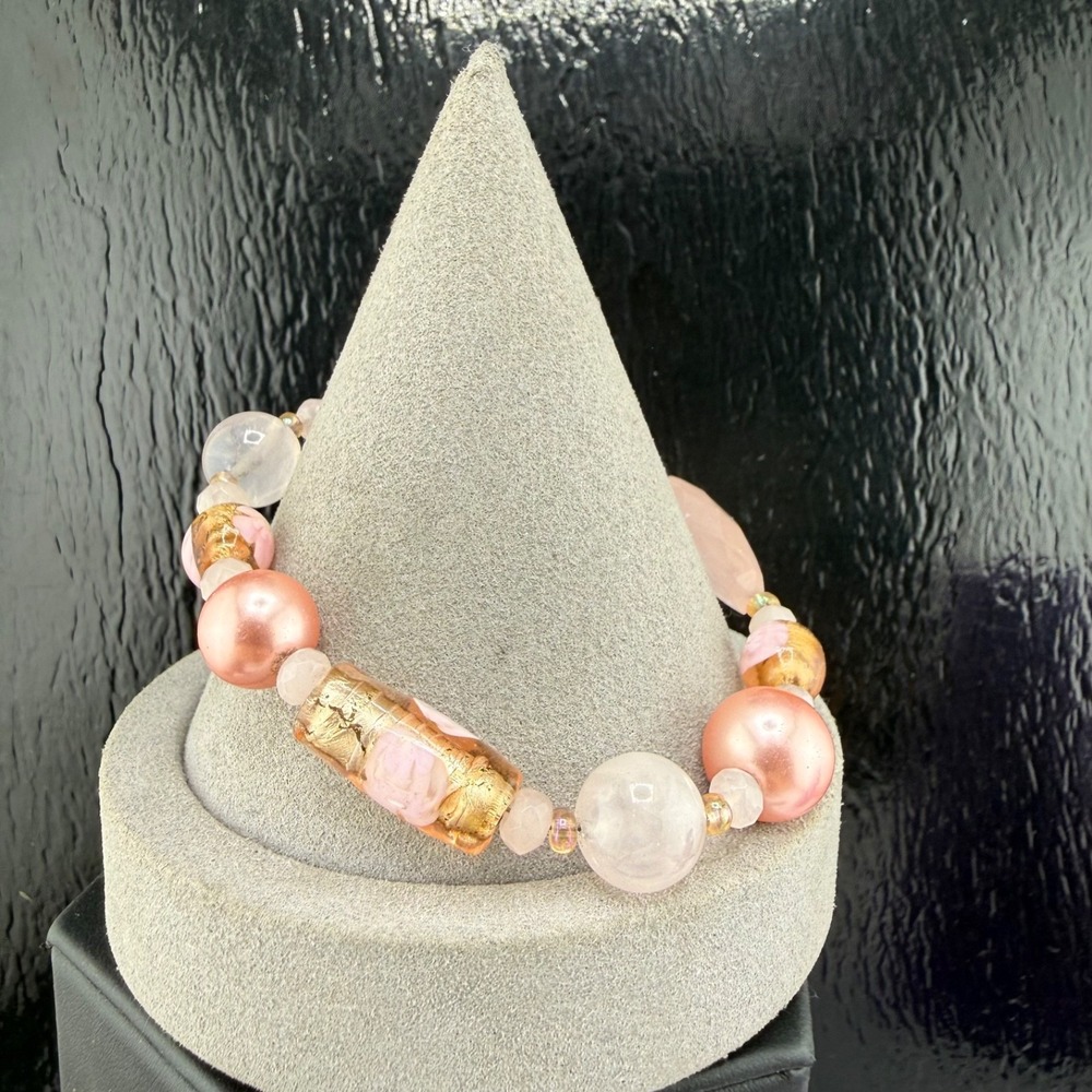 Glass Beaded Bracelet Pink Sterling Silver Clasp 7.5”
